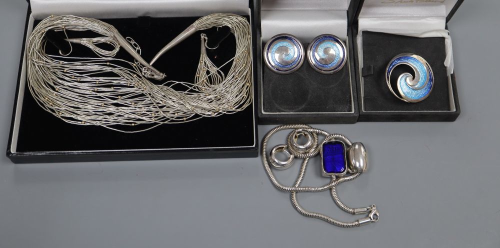 A modern Sheila Fleet enamelled brooch and a pair of earrings and two modern 925 necklace and earrings suites.